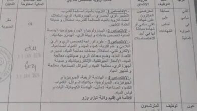 اعلان توظيف بمديرية الموارد المائية لولاية تيزي وزو