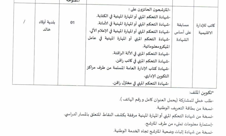 اعلان توظيف ببلدية أولاد خالد ولاية سعيدة