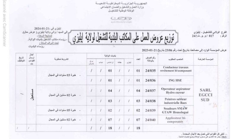 عرض عمل بشركة SARL EGCCI SUD في عدة تخصصات