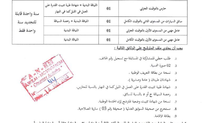اعلان توظيف ببلدية سيدي لخضر ولاية مستغانم