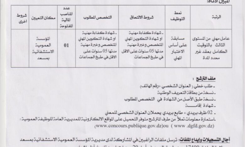 اعلان توظيف بالمؤسسة العمومية الاستشفائية بمسعد الجلفة