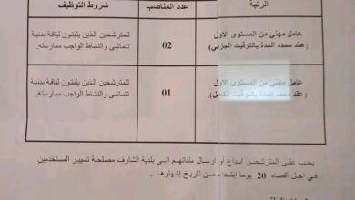 اعلان توظيف في ابتدائية ضوية النعام ببلدية الشارف الجلفة