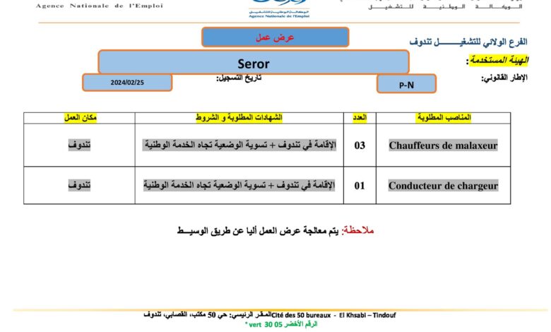 عرض عمل بشركة SEROR سائقين أليات