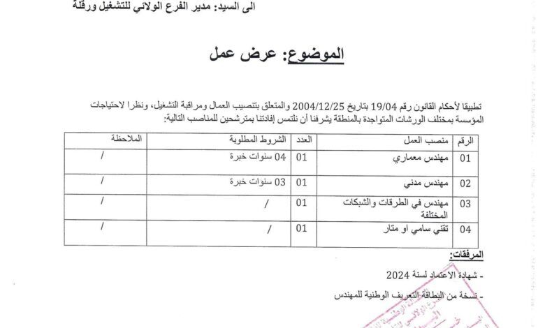 عرض عمل بمكتب دراسات تقنية والمعمارية والبناء BENACHI MOHAMED AMINE