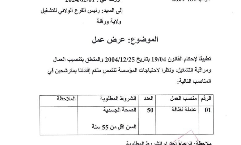 عرض عمل بمؤسسة التنظيف الصيانة والتطهير بن مير عبد القادر 50 عاملة نظافة