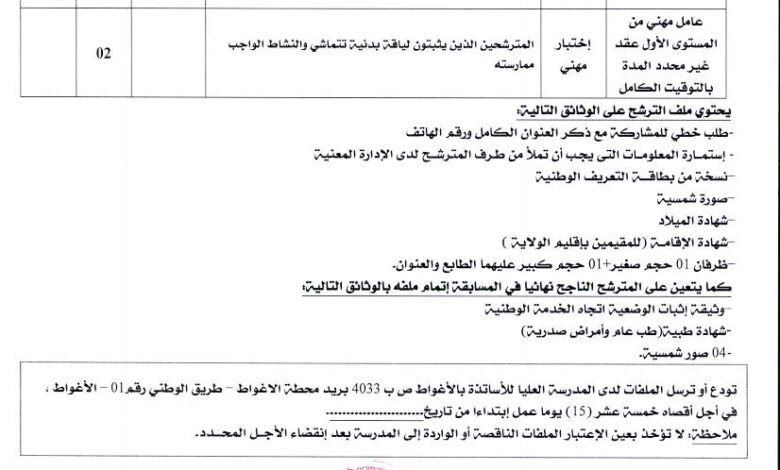 إعلان توظيف بالمدرسة العليا للأساتذة طالب عبد الرحمان بالأغواط