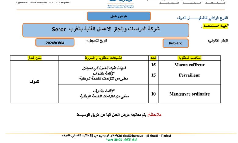 اعلان توظيف بشركة الدراسات وانجاز الاعمال الفنية بالغرب seror