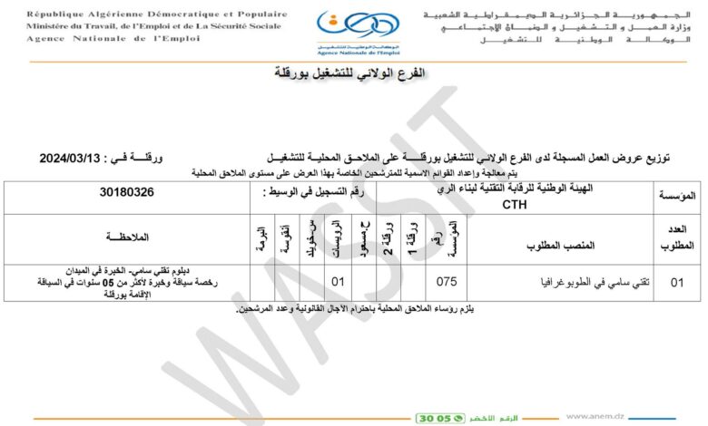 عرض عمل بالهيئة الوطنية للرقابة التقنية لبناء الري CTH