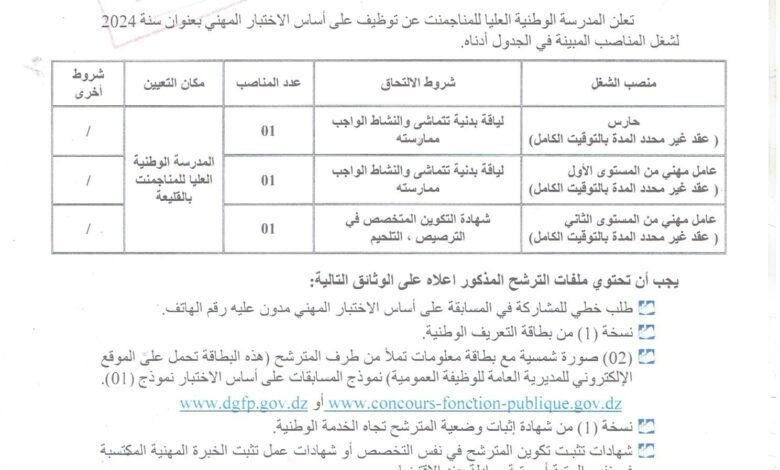اعلان توظيف بالمدرسة الوطنية العليا للمناجمنت