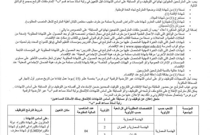 اعلان توظيف بالمدرسة المتعددة العلوم للهندسة المعمارية والعمران المجاهد حسين أيت