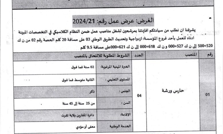 اعلان توظيف بالشركة الوطنية للأشغال الطرق EPTR