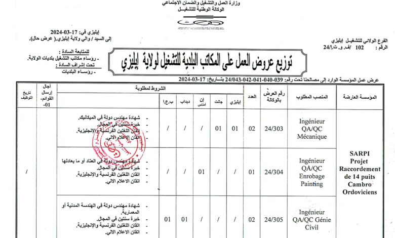 اعلان توظيف بشركة SARPI PROJET Raccordment