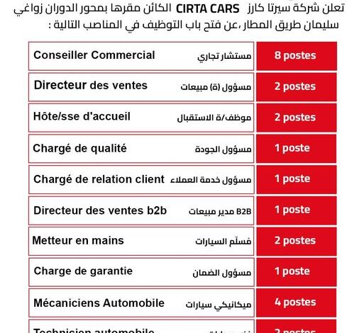 فتح فرص عمل بوكالة الجديدة سيرتا كارز CIRTA CARS FIAT OPEL