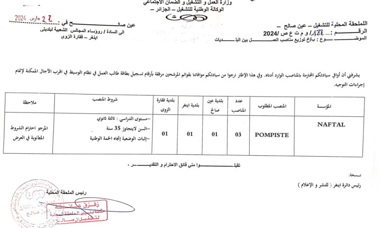اعلان توظيف بمؤسسة نفطال NAFTAL (بومبيست)