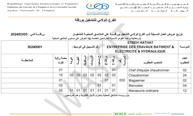عرض عمل بمؤسسة أشغال البناء والكهرباء والهيدروليك 46 منصب