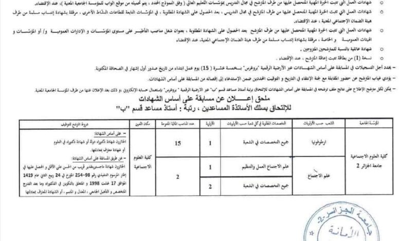 اعلان توظيف بكلية العلوم الاجتماعية جامعة الجزائر 2 (17 منصب)