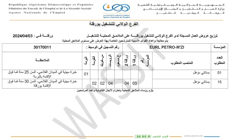 عرض عمل بشركة EURL PETRO M ZI (16 منصب)