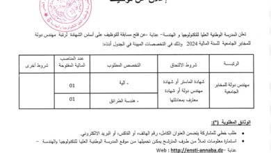 اعلان توظيف بالمدرسة الوطنية العليا للتكنولوجيا والهندسة عنابة