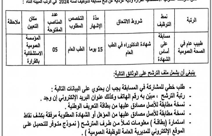 اعلان توظيف بالمؤسسة العمومية الاستشفائية القرارة ولاية غرداية