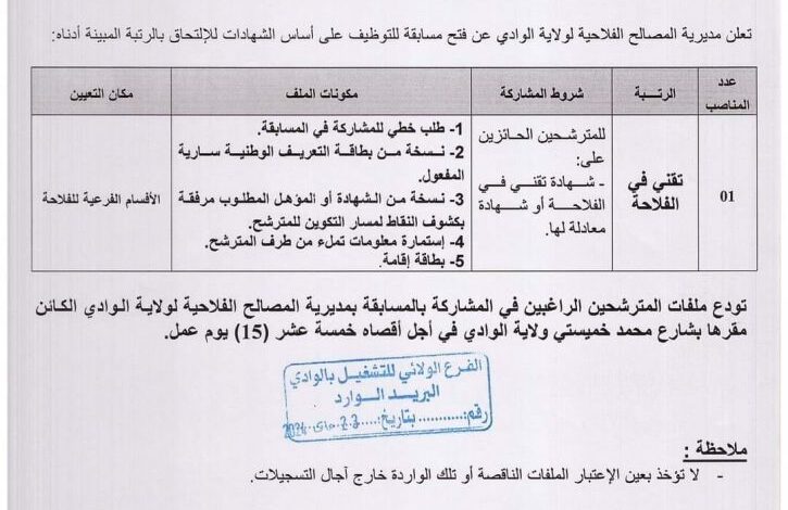 اعلان توظيف بمديرية المصالح الفلاحية لولاية الوادي