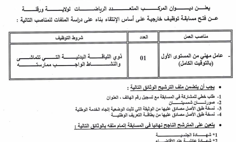 اعلان توظيف بديوان المركب المتعدد الرياضات لولاية ورقلة