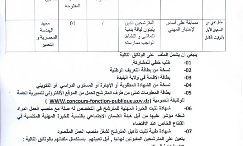 اعلان توظيف بمعهد الهندسة المعمارية والتعمير بجامعة البليدة 1