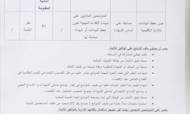اعلان توظيف ببلدية الشريعة ولاية البليدة