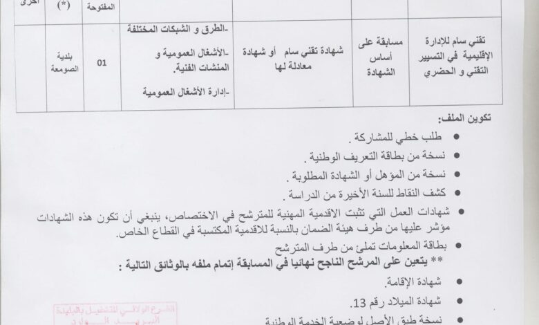 اعلان توظيف ببلدية الصومعة ولاية البليدة