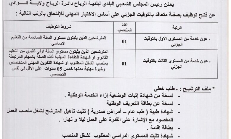 اعلان توظيف ببلدية الرباح ولاية الوادي