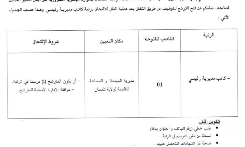 اعلان توظيف عن طريق التكفل بمديرية السياحة والصناعة التقليدية لولاية تلمسان
