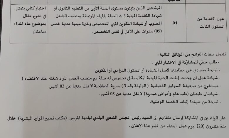 اعلان توظيف ببلدية المرسى ولاية الشلف