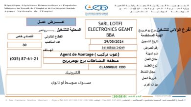 عرض عمل SARL LOTFIELECTRONICS GEANT (30 عون تركيب)