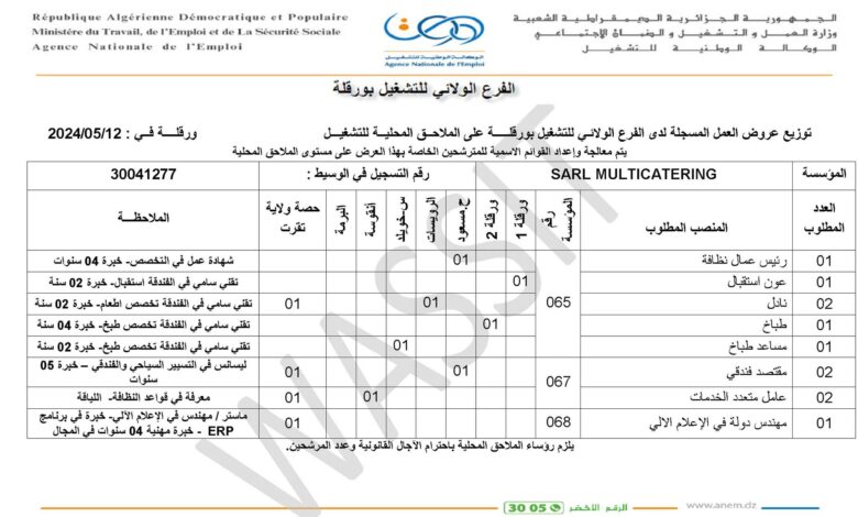 عرض عمل بشركة SARL MULTICATERING في تخصصات الفندقة والاطعام