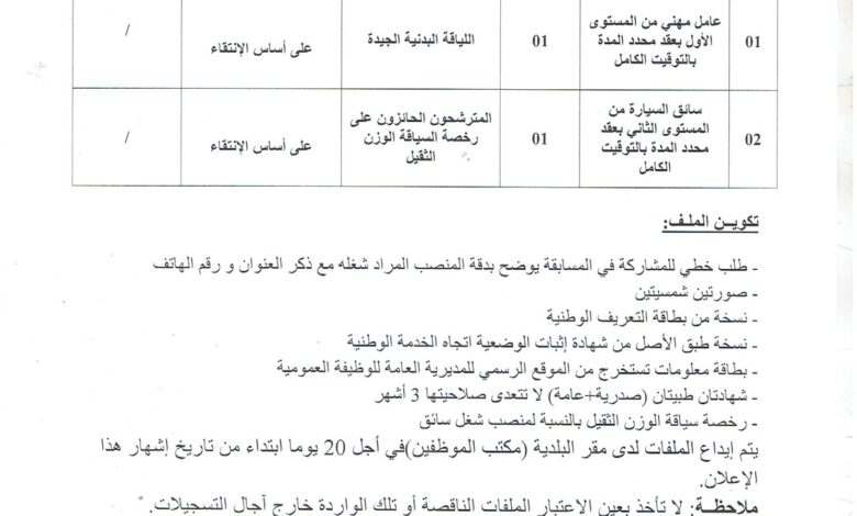 اعلان توظيف ببلدية الحطاطبة ولاية تيبازة