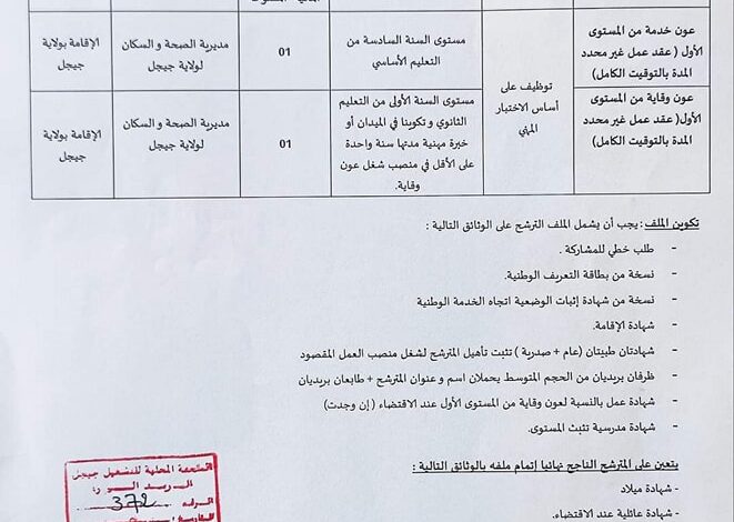اعلان توظيف بمديرية الصحة والسكان جيجل