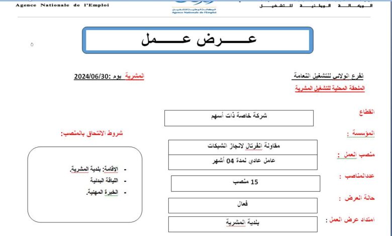 عرض عمل لمؤسسة تركيب و انجاز الشبكات الكهربائية 15 عامل