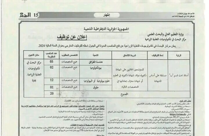إعلان عن توظيف بمركز البحث في تكنولوجيات التغذية الزراعية بجاية