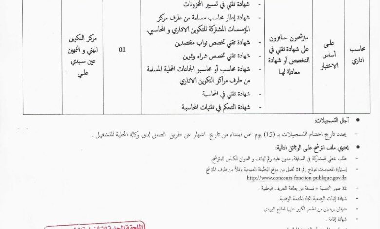 اعلان توظيف بمركز التكوين المهني و التمهين عين سيدي علي بالأغواط