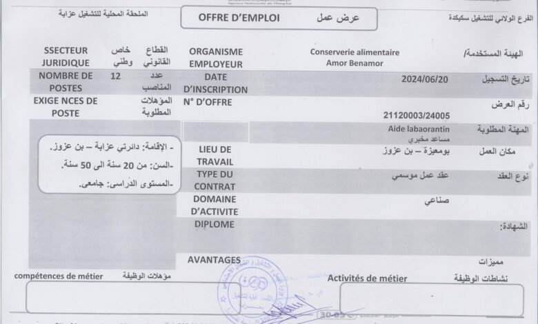 عرض عمل بشركة خاصة في سكيكدة 257 منصب