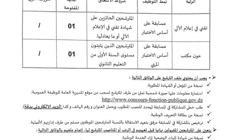 إعلان عن توظيف بمديرية الخدمات الجامعية تبسة