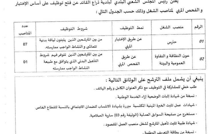 اعلان توظيف ببلدية ذراع القائد ولاية بجاية