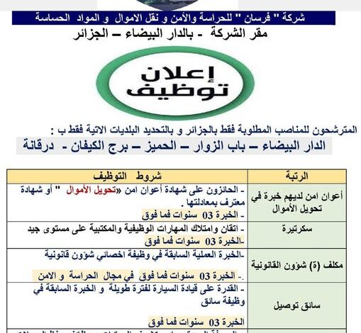 مطلوب موظفين في فرسان شركة الحراسة والأمن و نقل الاموال و المواد الحساسة من جميع الولايات