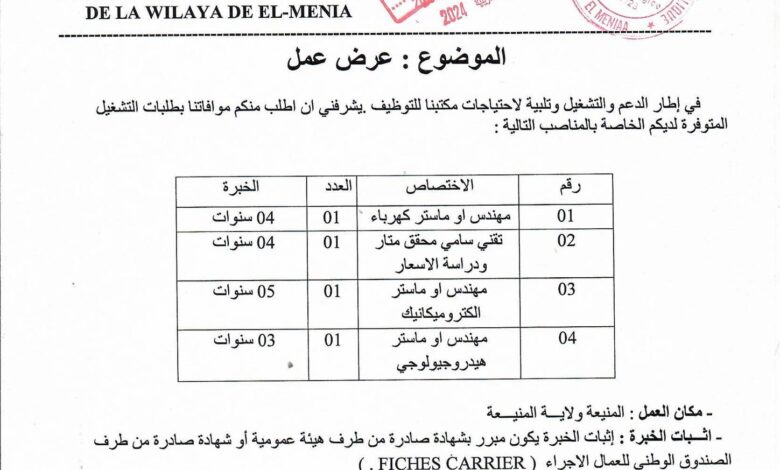 عرض عمل بمكتب الدراسات المرشد التقنية والري