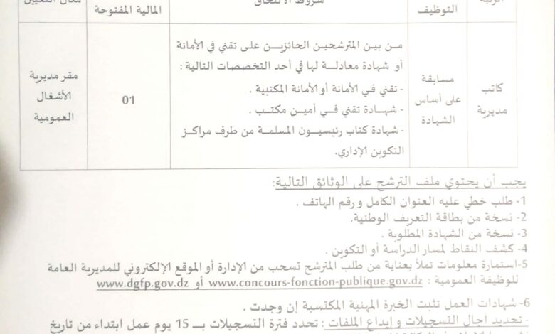 اعلان مسابقة للتوظيف الخارجي بمديرية الأشغال العمومية لولاية المسيلة