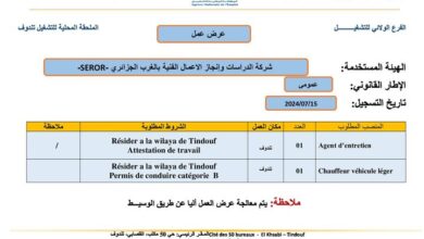 عرض عمل بالشركة الدراسات وإنجاز الاعمال الفنية بالغرب الجزائري SEROR