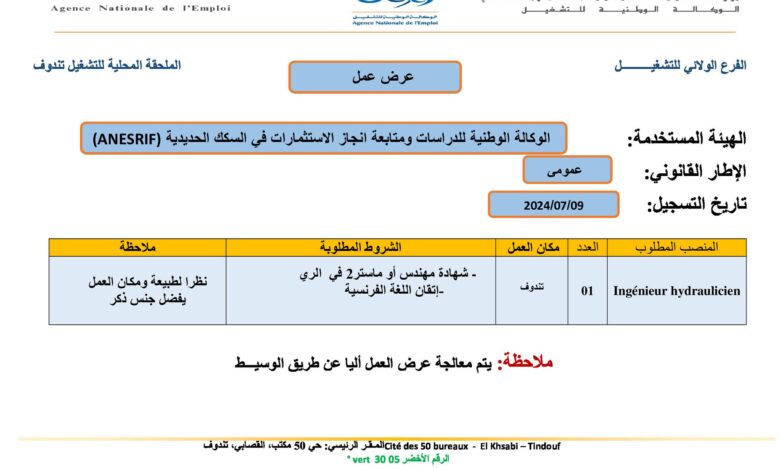 عرض عمل بالوكالة الوطنية للدراسات ومتابعة انجاز الاستثمارات في السكك الحديدية (ANESRIF)