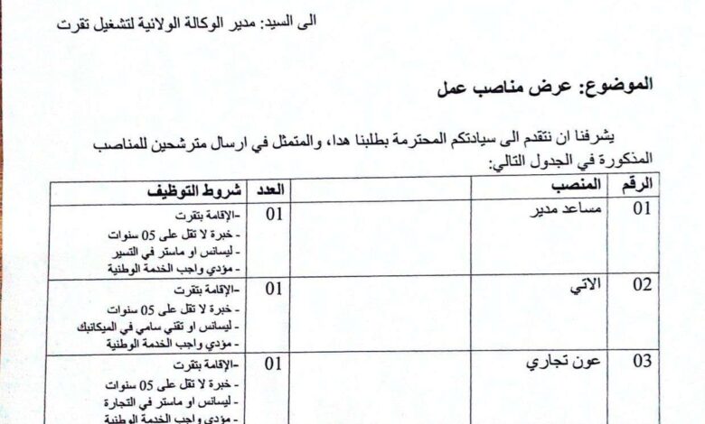 عرض عمل بشركة SARL BOUZID ENERGIE في التخصصات الادارية
