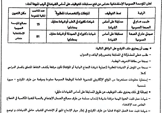 اعلان توظيف بالمؤسسة العمومية الاستشفائية منداس غليزان
