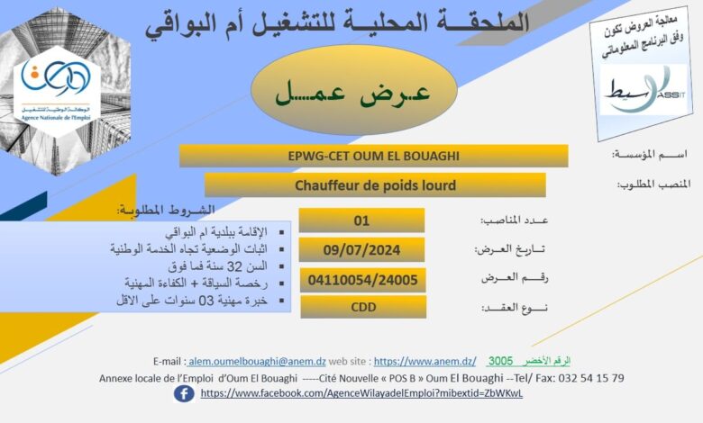 عرض عمل بمؤسسة EPWG CET OUM EL BOUAGHI