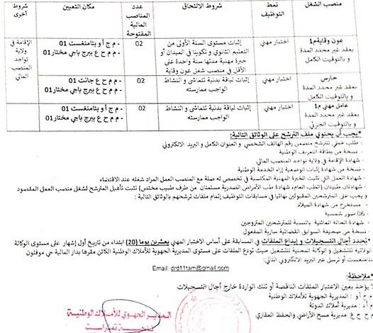 اعلان توظيف المديرية الجهوية للأملاك الوطنية بولايات تمنراست وجانت وبرج باجي مختار